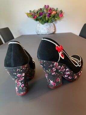Black Floral Embroidered Platform Heels with Red Heart Charm